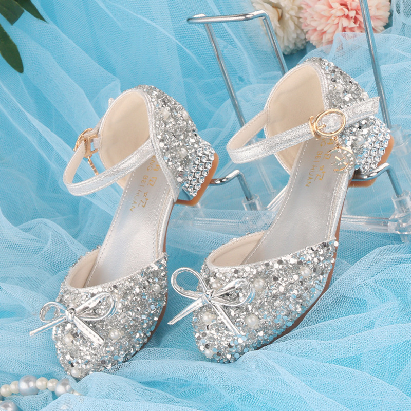Korean Silver Kidsren's High Heels, White Small Leather Shoes, Girls Princess Low Heels, Crystal Matching Dress, Fashionable and Versatile