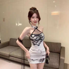 纯欲辣妹复古国风挂脖旗袍连衣裙女夏季性感修身显身材包臀小妈裙