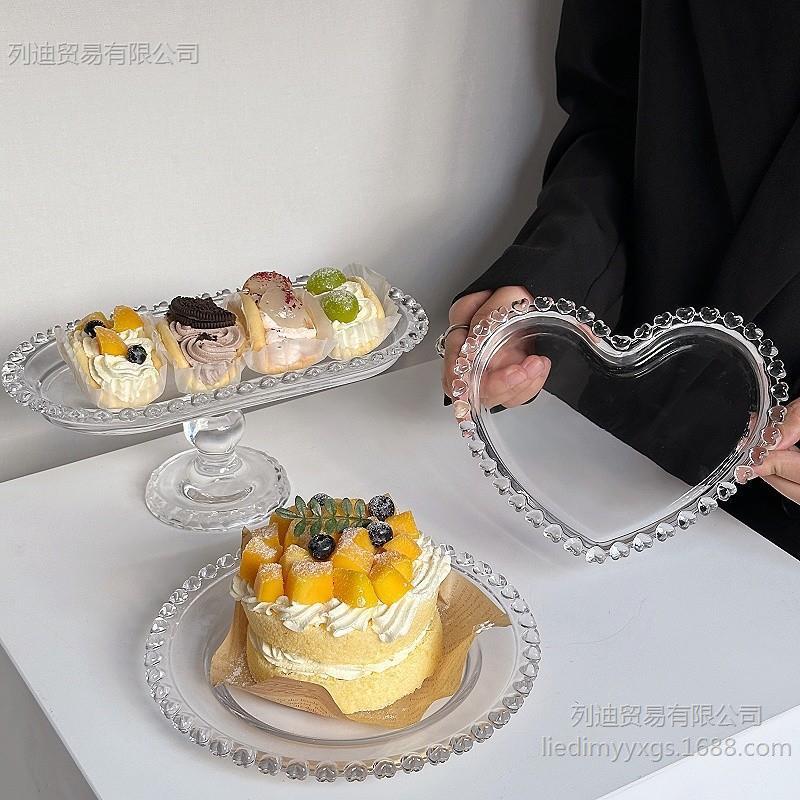 Serie de platos de vidrio de frutas de borde de amor coreano de estilo ins, platos de postres transparentes para el hogar, platos para pasteles, platos para ensaladas