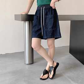 牛仔短裤 2025夏季新款 气质遮肉大码抽绳松紧腰阔腿热裤女6062-1