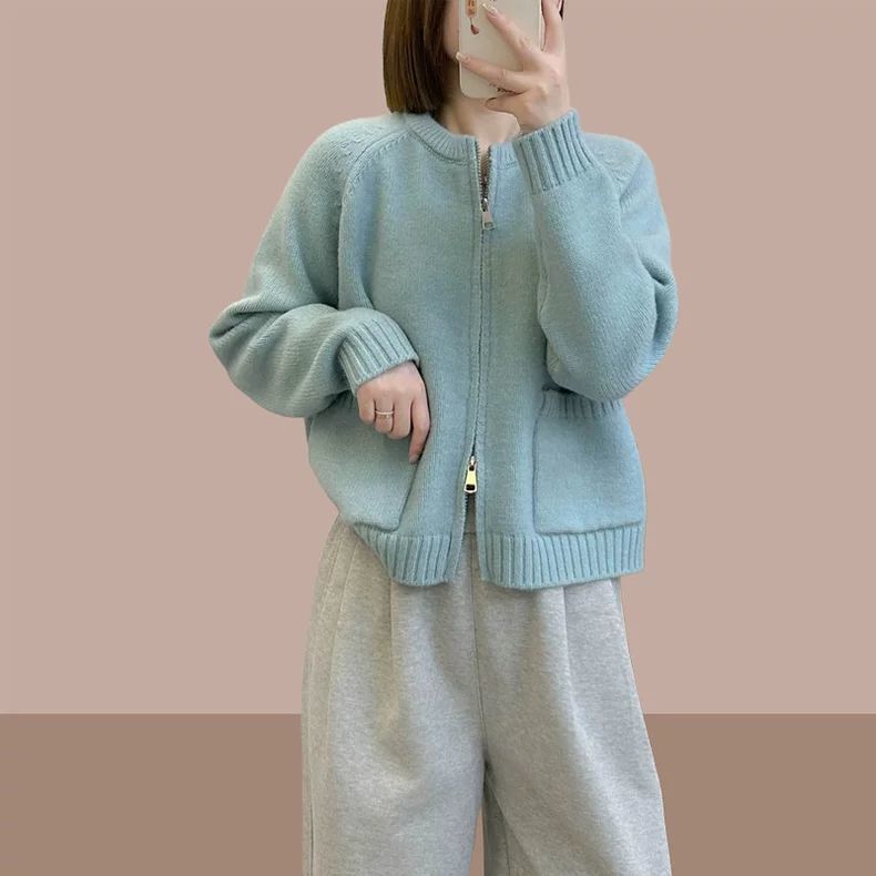 圆领拉链针织开衫秋冬新款2025百搭短款加厚宽松毛衣外套女外穿潮