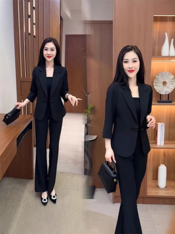 职业西装套装女2025秋季新款洋气质国风盘扣七分袖西服西裤两件套|undefined