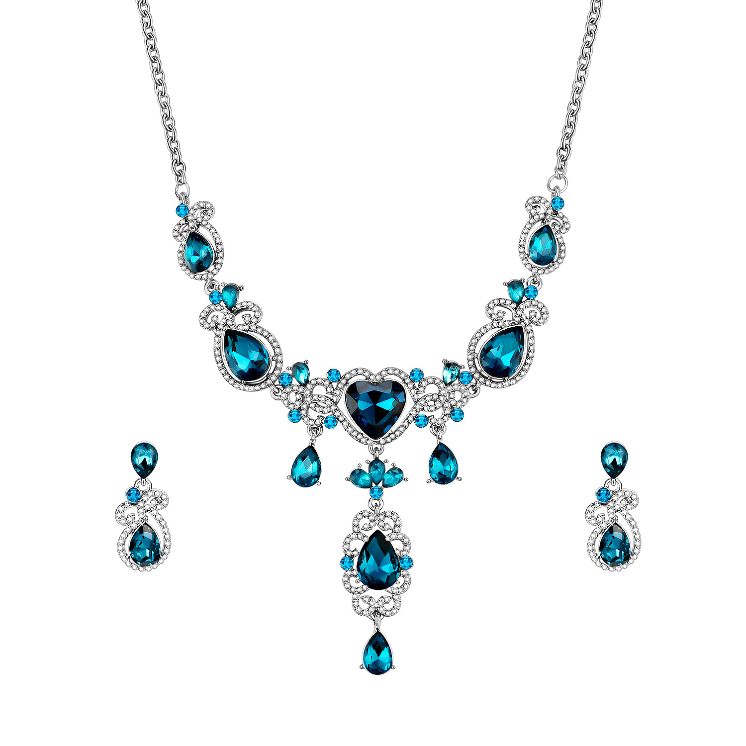 Fashion Blue Water Drop Diamond Alloy Necklace Earrings Set display picture 4