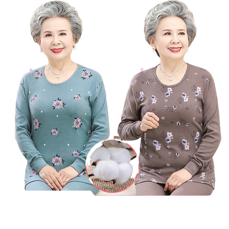 중년 및 노인 여성의 새로운 가을 옷과 가을 바지 할머니 속옷 2 피스 세트 60  80 세 어머니의면 스웨터 세트