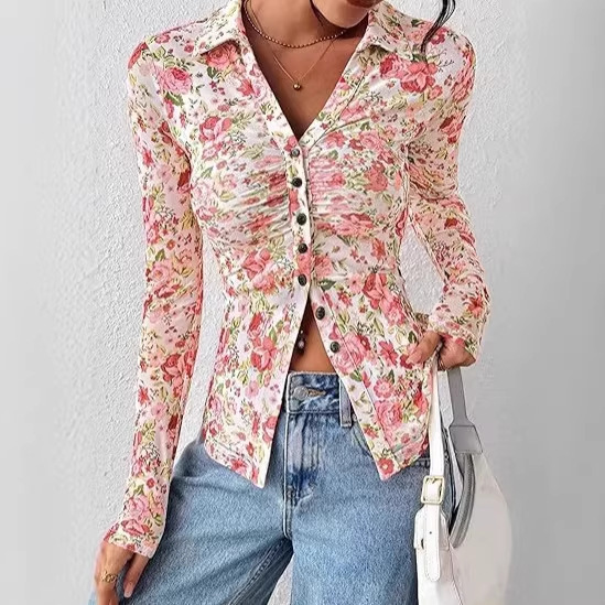 European and American Cross-Border Spring and Summer New Fashion Women's Clothing Printed Floral Mesh Slim Fit Breathable Long-Sleeved Casual Shirt Top