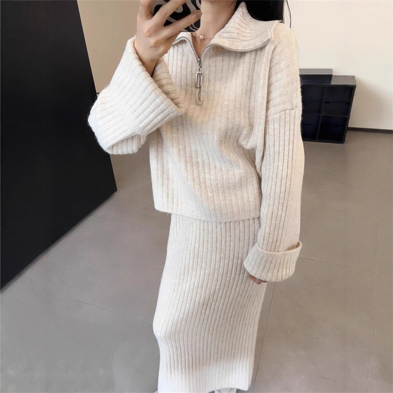 跨境秋冬季新款半拉链翻领毛衣套装女慵懒风宽松针织半身裙两件套|undefined