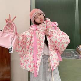 冬季新款韩版可爱花朵飘带棉衣棉袄女2025宽松连帽加厚短款面包服