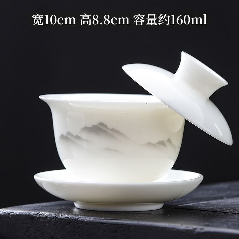 白磁のホバリング羊脂玉蓋碗茶三才蓋碗家庭用単一陶磁器茶碗の工夫茶器蓋付き手作り|undefined