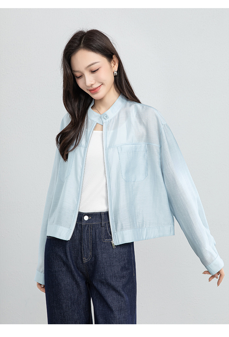 Áo khoác sơ mi ngắn tay nữ chất liệu linen pha acetate mùa hè dáng rộng — Xanh da trờicolor chi tiết 19