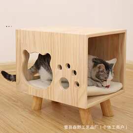 跨境木质猫窝猫咪玩耍凳创意床头柜一体封闭式玩具实木猫窝批发