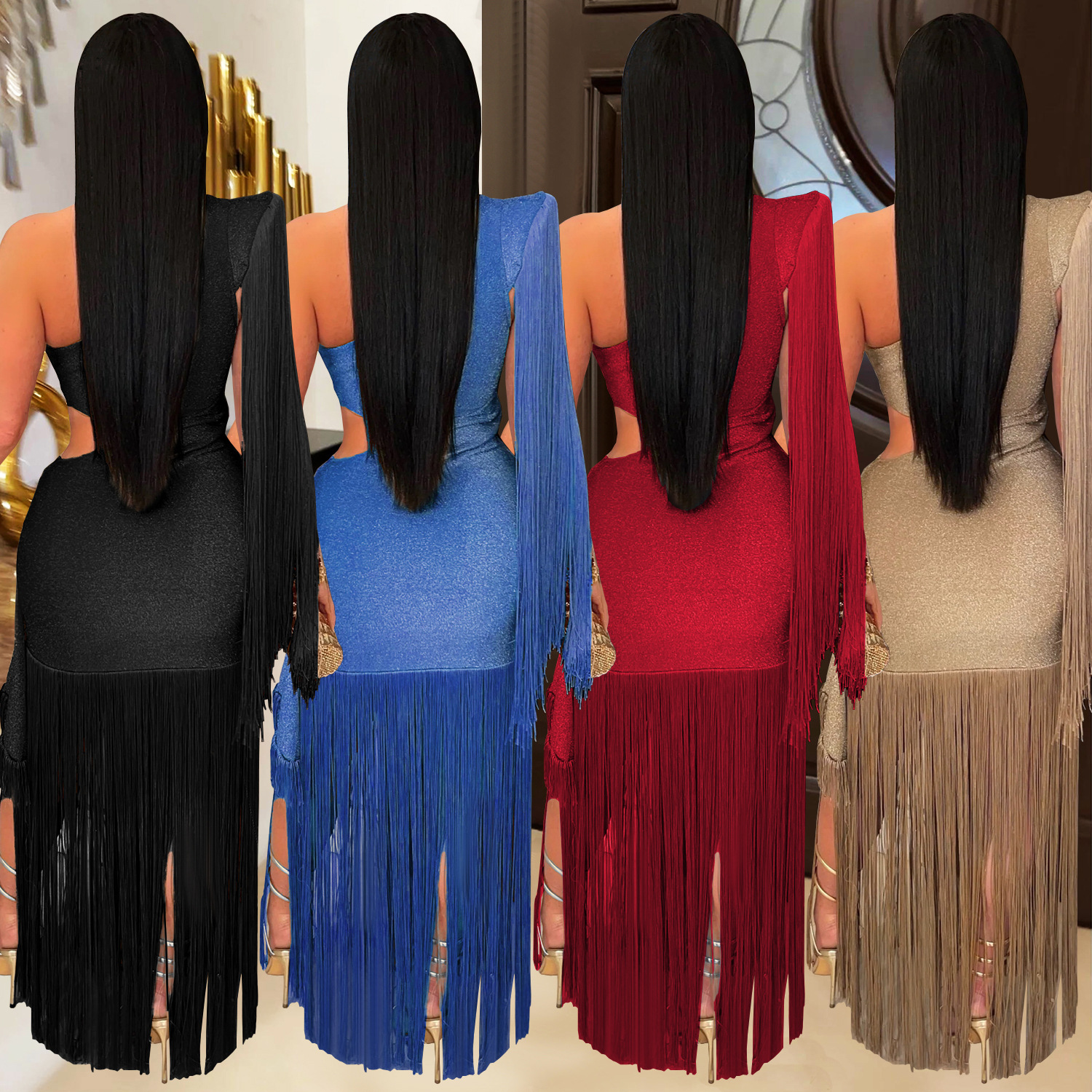 C7428 Cross-border AliExpress Amazon Moda europea y americana Vestido de falda larga con flecos de un solo hombro casual sexy para mujer