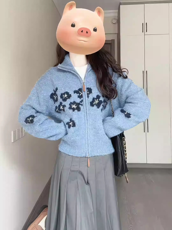 费尔岛美式慵懒风秋冬新款设计感钩花拉链蓝色毛衣外套女针织开衫|undefined