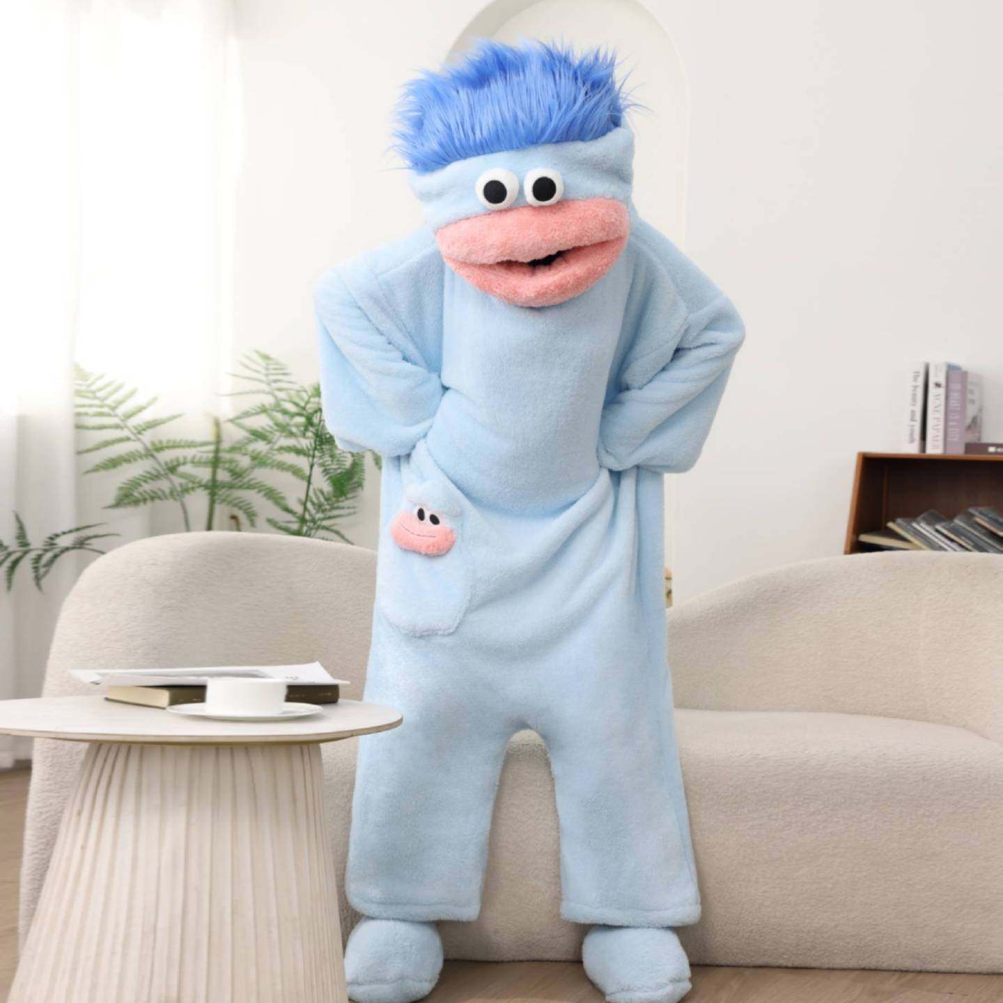 卡通搞怪大嘴怪连体睡衣女冬季加绒加厚珊瑚绒家居服可外穿带梳子