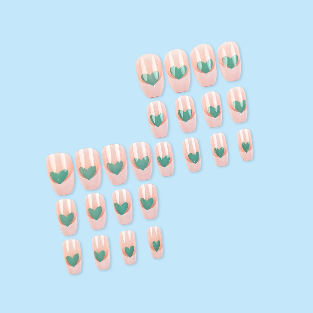 Polvo desnudo verde amor manicure francés dulce y fresco viento desgaste de uñas 24 piezas empaquetadas parches de uñas terminados
