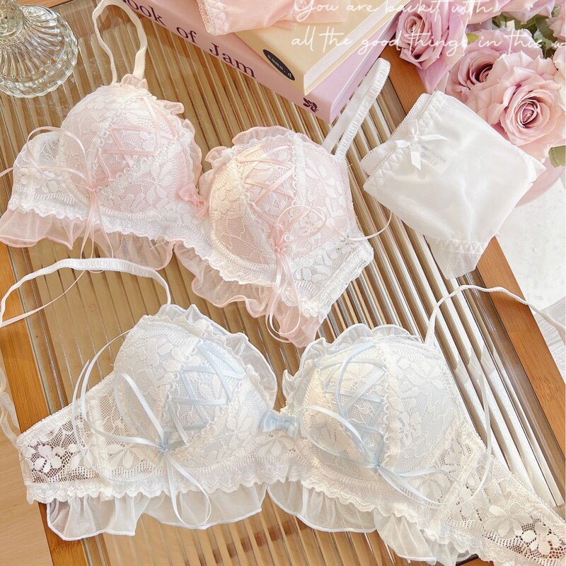 Cross-Border Sweet Strap Design Girl's Lusty Lace Underwear Women's Small Breast Push-Up Comfortable and Skin-Friendly Bra Set