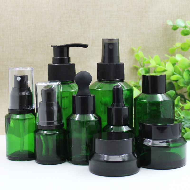 绿色玻璃斜肩瓶塑料盖膏霜瓶旅行滴管精油瓶爽肤水喷雾乳液按压瓶