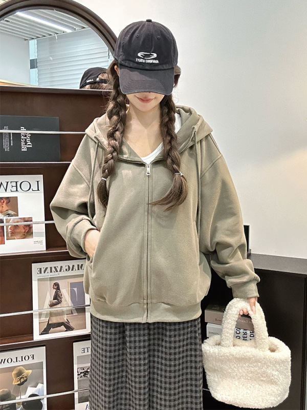 美式浅灰色卫衣女秋季2025新款复古连帽外套宽松慵懒百搭开衫上衣|undefined