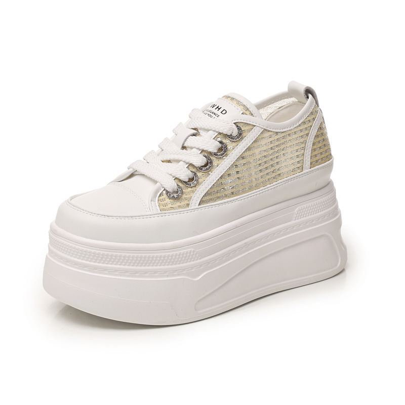Giày sneaker nữ đế dày tăng chiều cao mùa hè thoáng khí kiểu bánh mì — màu trắng