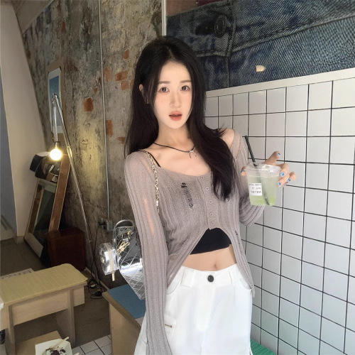 Pure Desire Style Lattice Hole Knit Cardigan for Women, Early Autumn Sexy Irregular Splicing Open-Front Short-Sleeve Top