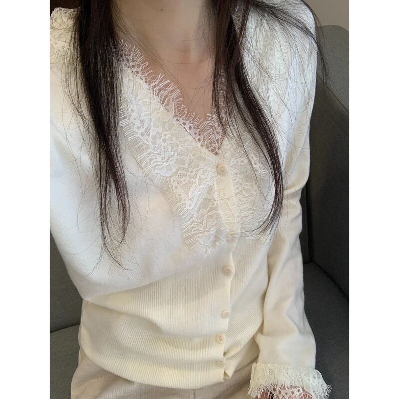 French Lace Single-Breasted Cardigan for Women in Autumn and Winter V-Neck Sexy Inner Long-Sleeved Sweater Chic Soft Waxy Bottoming Top