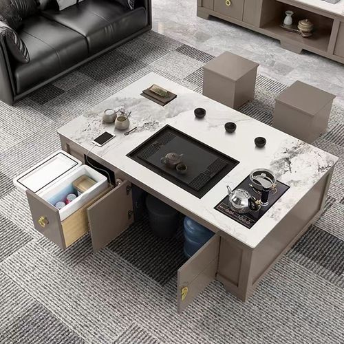 z%新中式岩板功夫茶几小户型一体式多功能桌椅组合茶桌茶台家用客