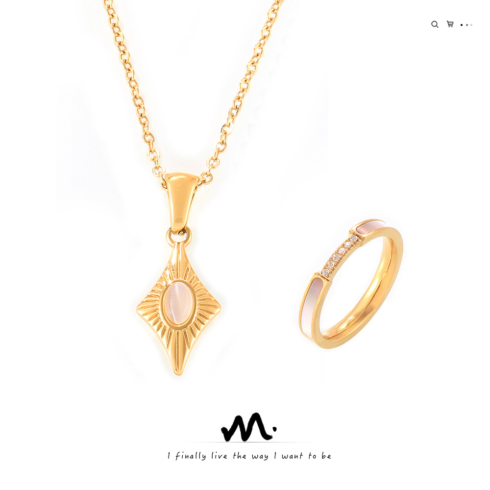 European And American Ins Style Four Star Cat Eye Stone Pendant Titanium Steel Lock Chain Sea Shell Ring Necklace Ring Niche Set_voghion.com