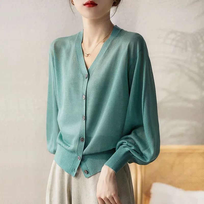 Thin knitted cardigan, summer jacket, long-sleeve, high-quality style, lifting effect