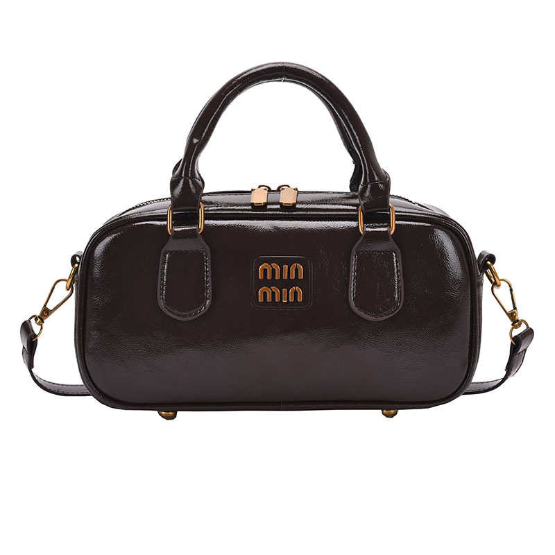 Oil Wax Leather Bowling Bag For Women, Korean Niche Designer Vintage Boston Handbag, Versatile Bowling Bag - Thumbnail 5