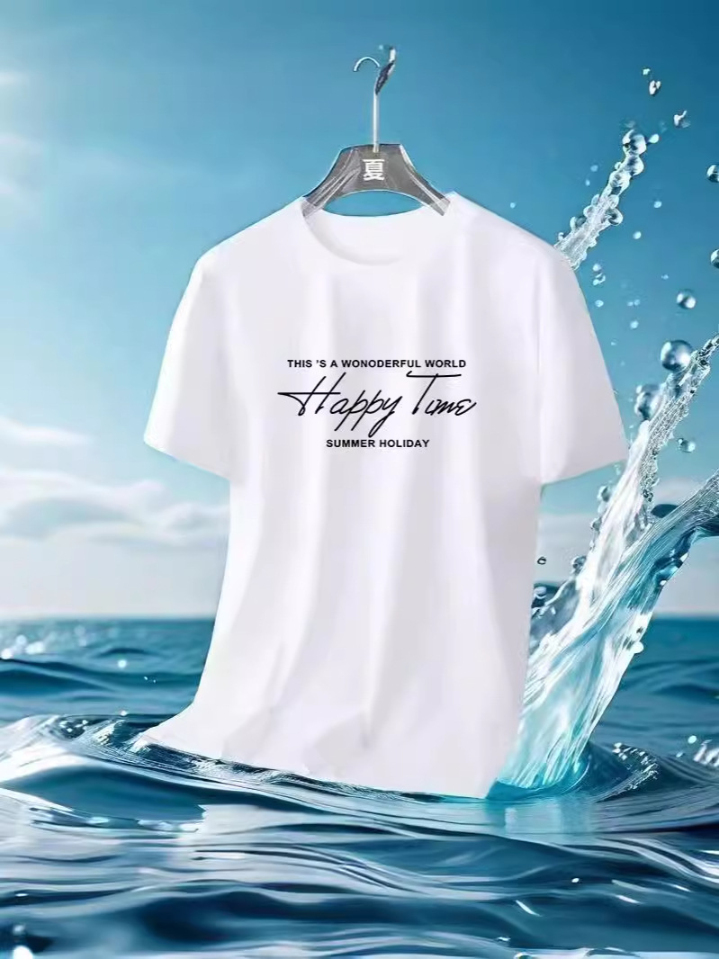 2025 Summer Mesh Ice Silk T-Shirt Versatile Printed Slim Thin Round Neck Quick-Drying Short-Sleeve T-Shirt Men's Sports Style