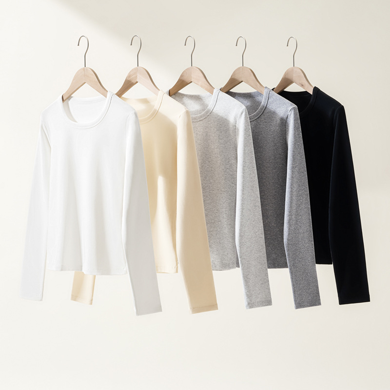 240g氨纶纱U领加绒长袖t恤女2025秋冬新款保暖内搭上衣女生打底衫