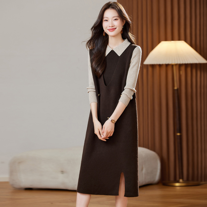 Baby Doll Collar Knitted Dress 2025 Autumn and Winter New Style Petite High-End with Coat Sweater Skirt Two-Piece Suit