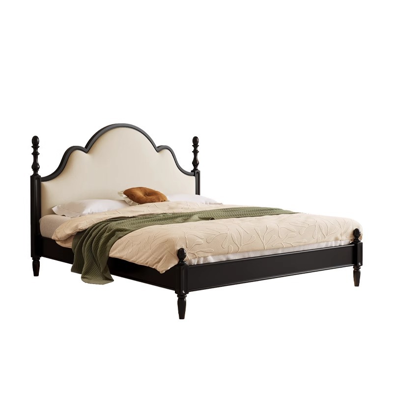 Cama de cuero retro francés, dormitorio principal, cama doble de madera maciza moderna simple y antigua, cama doble de 1,8 m 2025 nueva cama