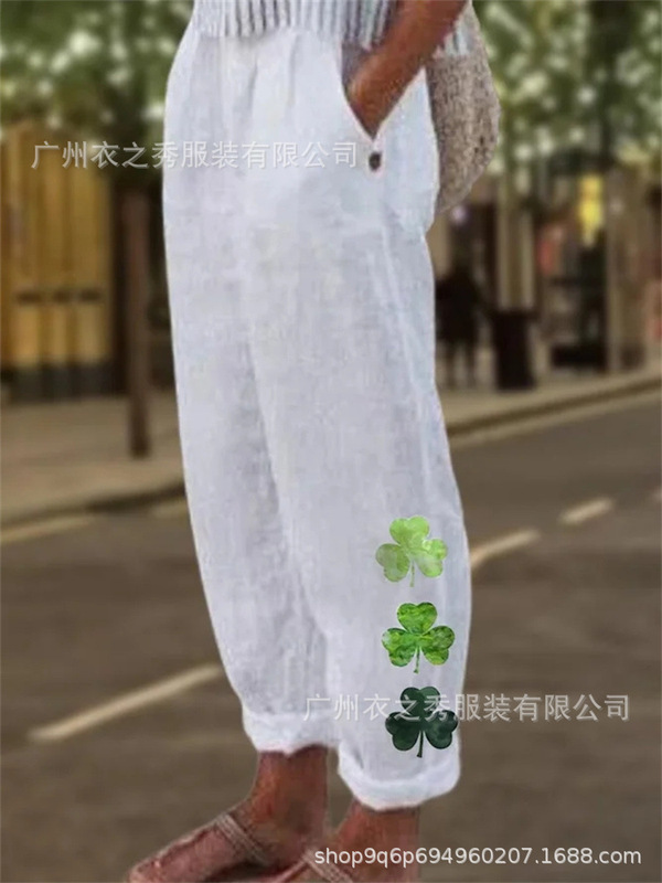 Spot Woven Temu Cross-Border Retro Cotton and Linen Clover Printed High-Waisted Casual Harem Pants