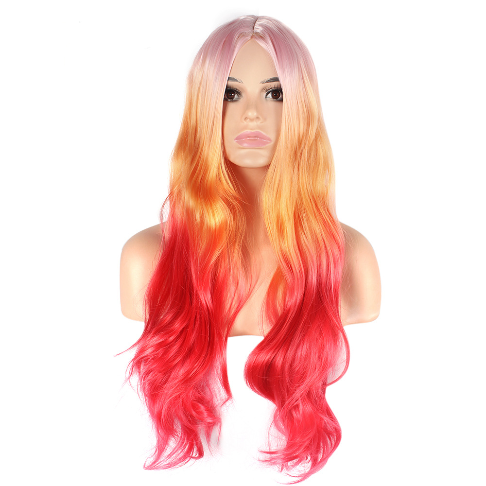 Perucă sintetică Perucă pentru femei din fibre sintetice țesute cu bandă pentru păr cu breton lung, despicat mediu, ușor ondulat, maro, roz gradient_voghion.com