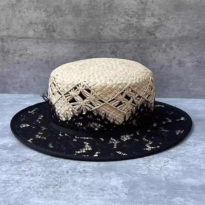 Summer French Style Hand-woven Rafi Straw Flat Hat Women's Vintage Lace Straw-woven Hepburn Style Travel Sunscreen Straw Hat Summer French Style Hand-woven Rafi Straw Flat Hat Women's Vintage Lace Straw-woven Hepburn Style Travel Sunscreen Straw Hat