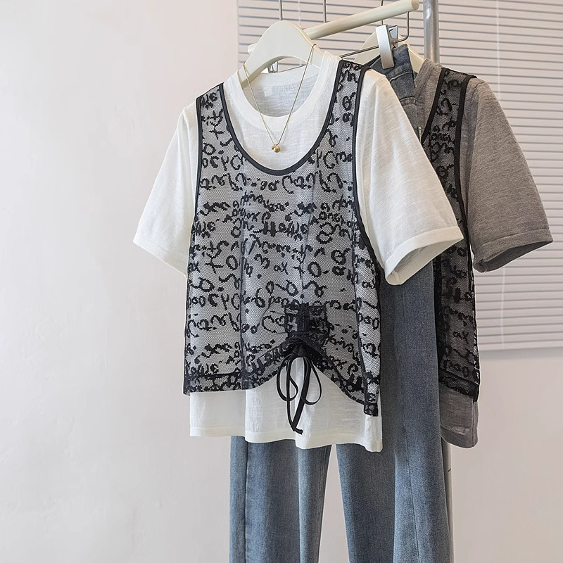 High-End Large Size Fake Two-Piece Lace Splicing Short-Sleeved T-Shirt for Women Summer Design Loose Casual Drawstring Top