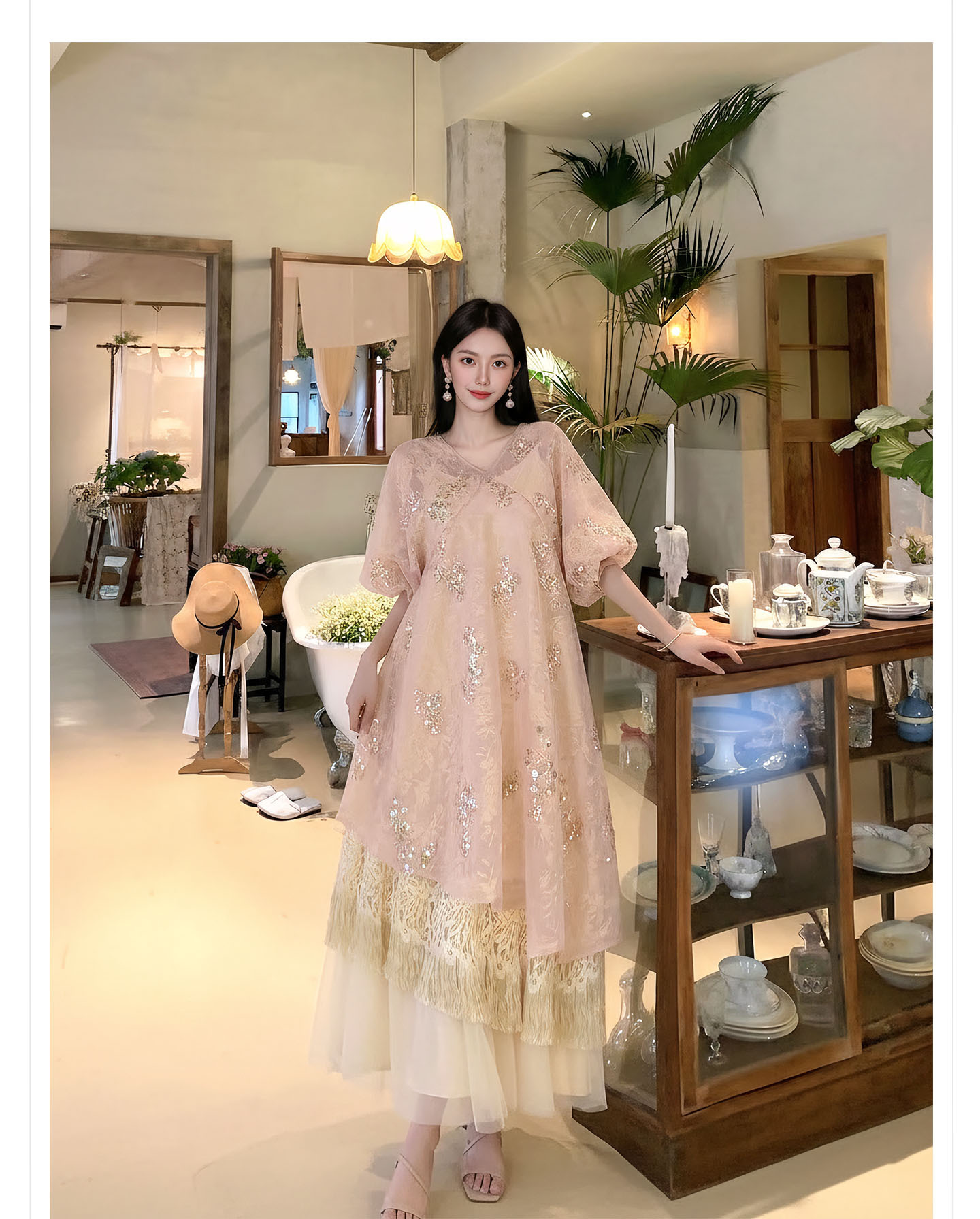 Đầm maxi nữ thắt eo họa tiết hoa thêu phong cách tân cổ điển hai dây — màu hồng chi tiết 10