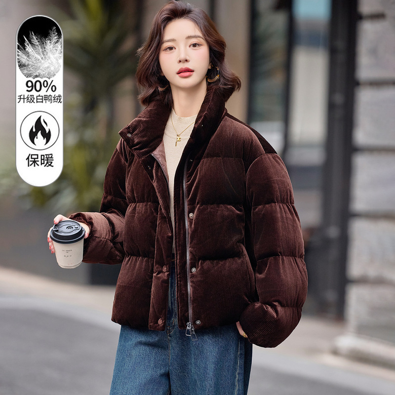 Corduroy down Jacket for Women, Short Style, Winter 2026 New Model, Loose Casual Thickened Warm Stand Collar White Duck down Coat