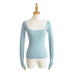 Pure Desire Gentle Wind-Blown U-Neck Long-Sleeve T-Shirt for Women Autumn Lightweight Hot Girl Reveals Collarbone Slimming Top Underwear