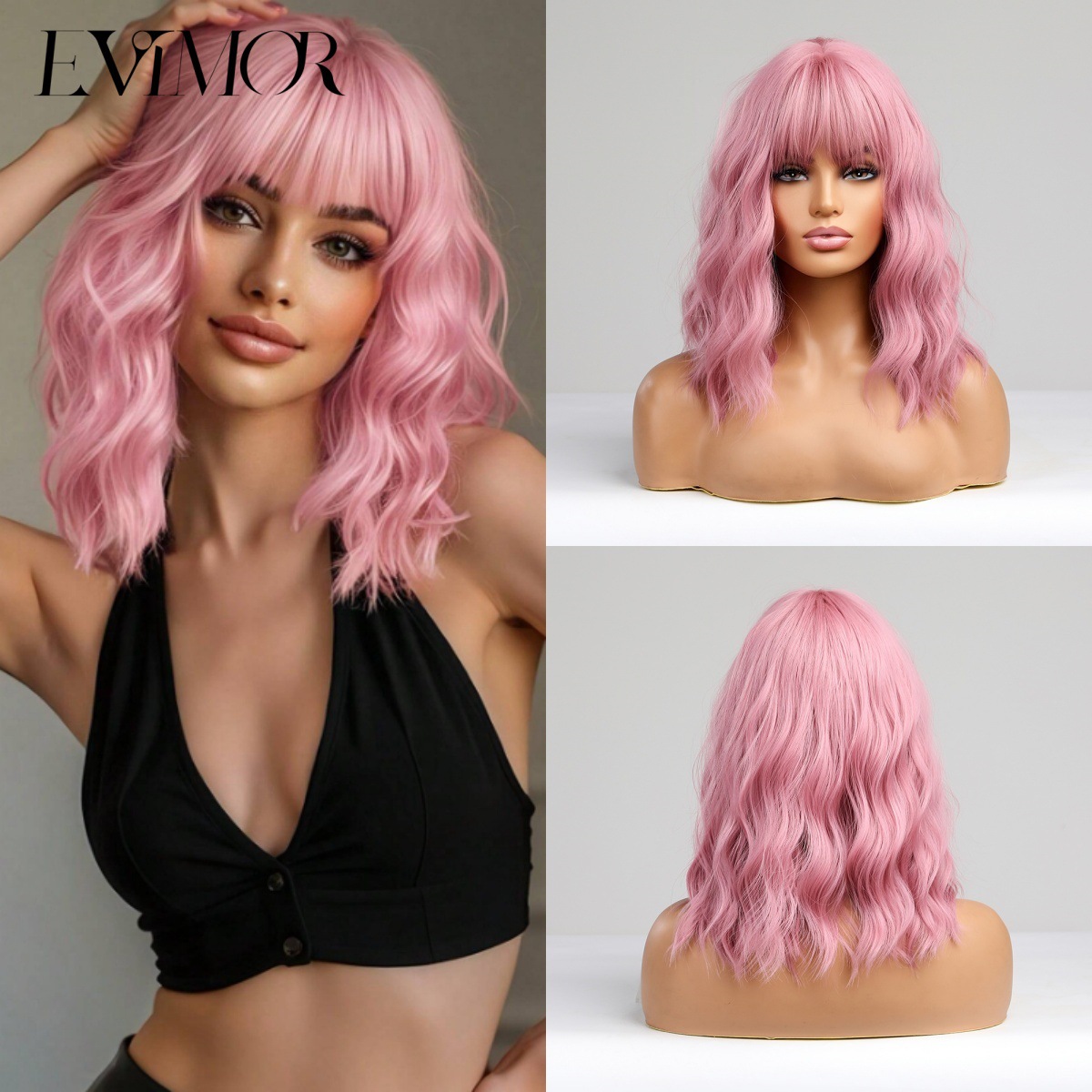 Peluca de cosplay con flequillo completo, estilo europeo y americano, muy vendida, cabello corto y rizado tipo bob en rosa cereza, peluca completa de fibra sintética natural para mujer.