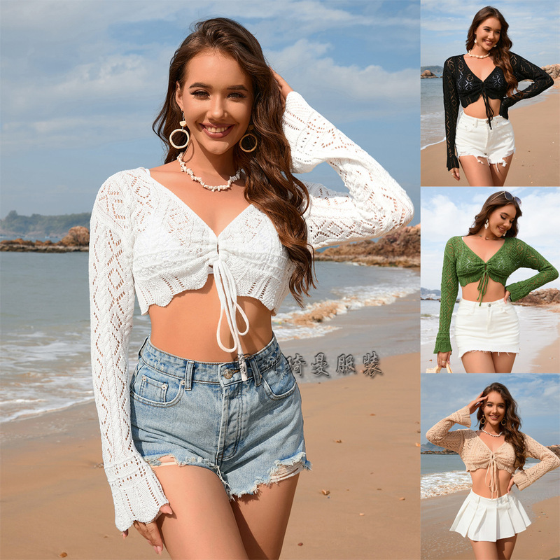 2024 spring and summer cross-border Amazon new lace blouse foreign trade V-neck solid color European and American fashion women's sweater