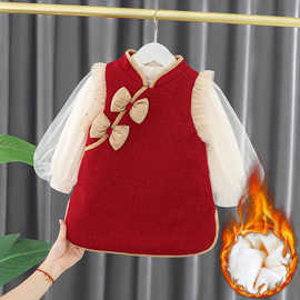 新年服装儿童女红色旗袍连衣裙冬2023款洋气背心裙加绒加棉套厂家