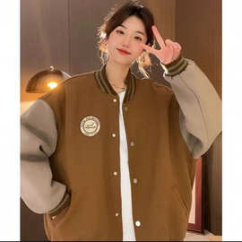 新款撞色拼接美式复古棒球服加绒外套女时尚over size卫衣开衫