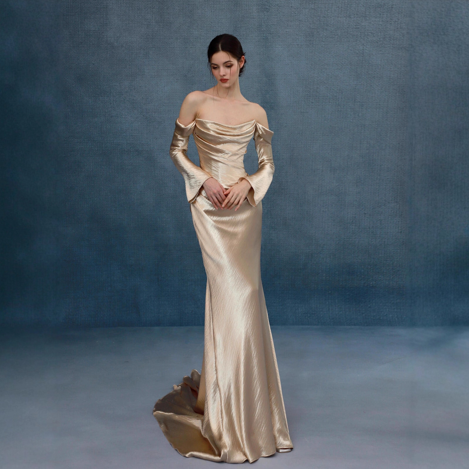 Cross-Border Foreign Trade European and American Champagne Gold Fishtail Banquet Evening Dress Bride Wedding Dressing Gown Toast Dress Engagement Dress Skirt