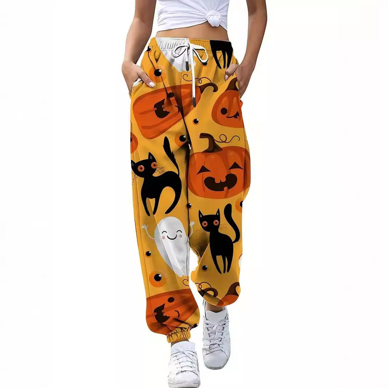 Women's Trousers Halloween Elements Pattern Personality Trend Spring and Autumn New Casual Pocket Sports Pants ML1