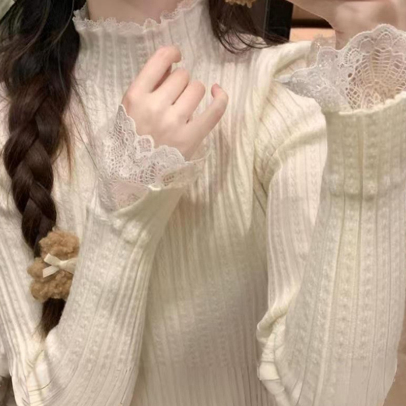 Autumn and Winter Lace Patchwork Knitted Base Shirt for Women, Slim-Fit Top with a Stylish Design, Wool Base Shirt for Women