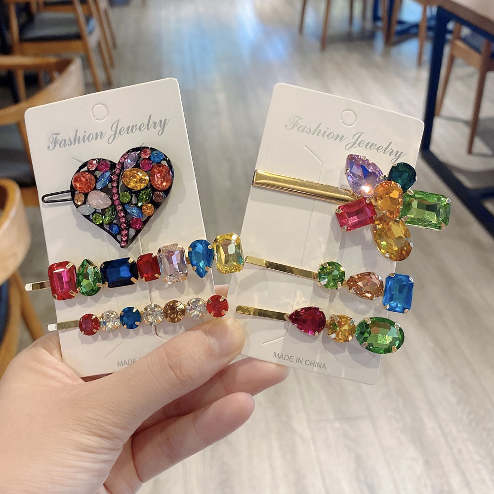 New color artificial gem heart-shaped hairpin set rhinestone clip European and American hairpin head jewelry spot wholesale