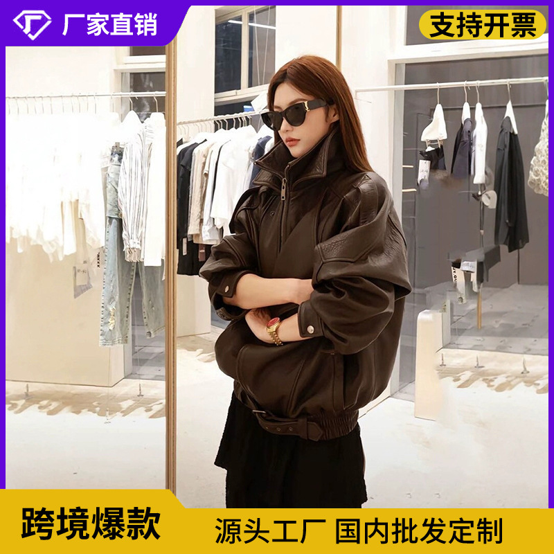 Cross-border lambskin motorcycle jacket, loose-fitting PU leather coat, oversize new high-end simple early autumn outerwear Cross-border lambskin motorcycle jacket, loose-fitting PU leather coat, oversize new high-end simple early autumn outerwear