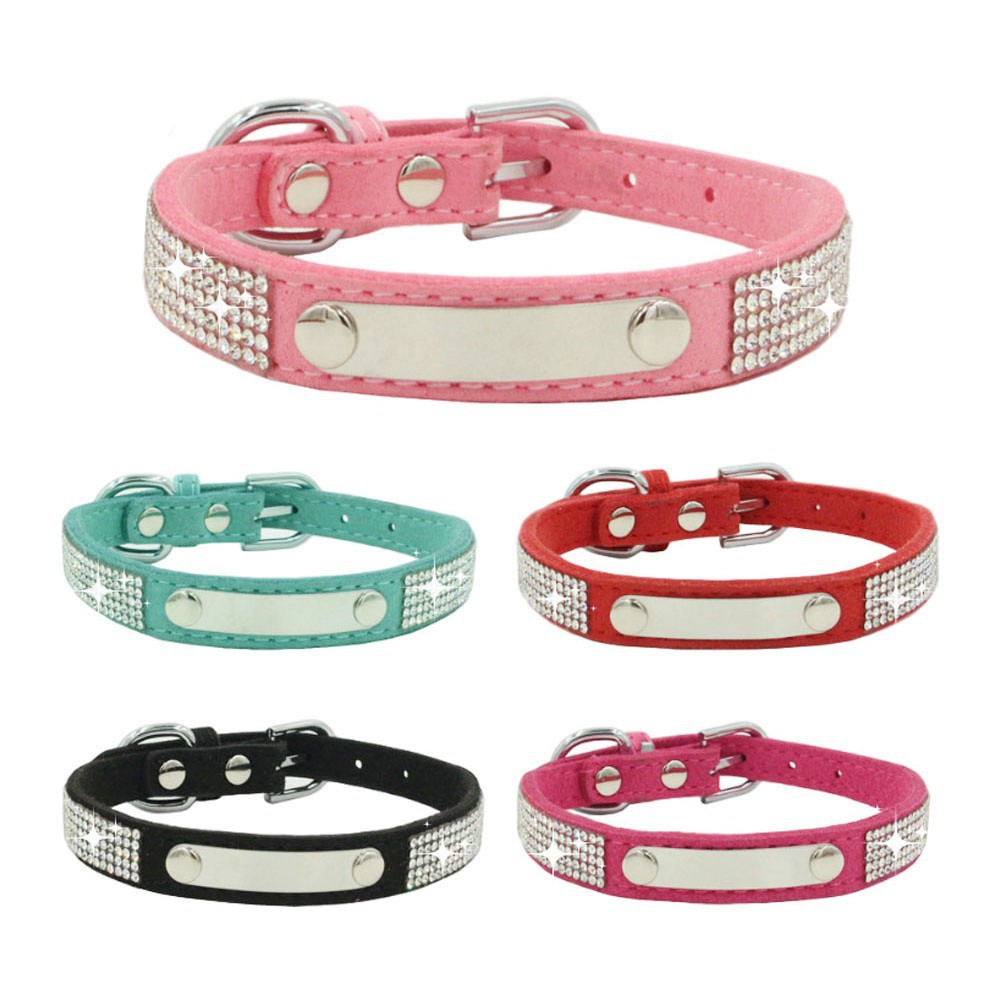 Anti-Lost Pet Collar, Shiny Rhinestone Dog Collar, Comfortable Velvet Adjustable Pet Collar, Engraved Tag Collar