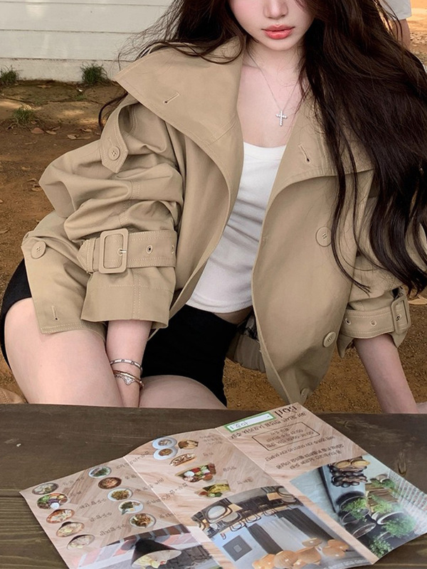 Ac*e25早秋新款双排扣美拉德色系立领短款风衣英伦风夹克女外套|undefined